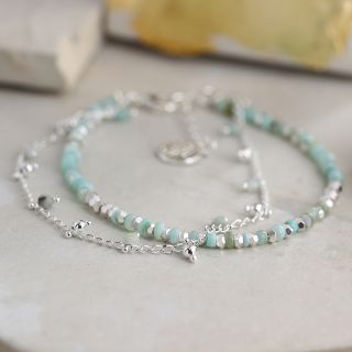 Silver Plated Chain & Aqua Bead Bracelet with Amzonite  by Peace of Mind